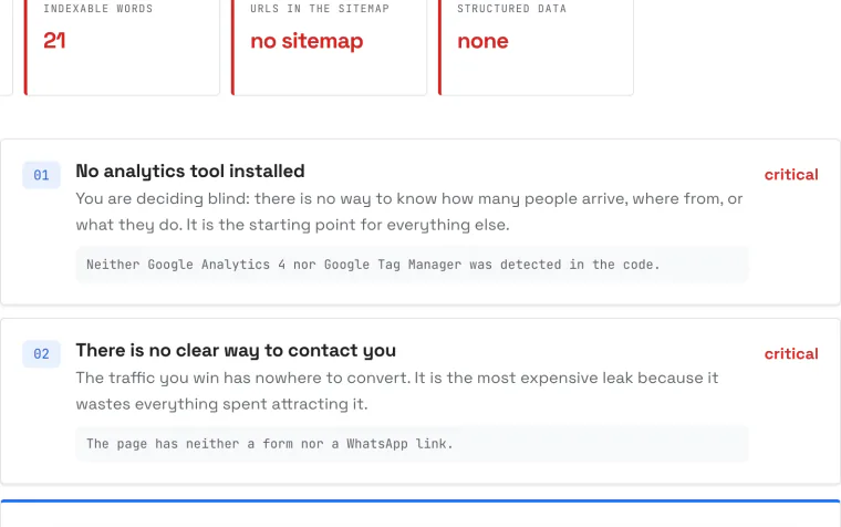 The SEO audit result for example.com: two findings — no analytics tool installed, and no clear way to contact you — each one with the line of evidence found in the code.
