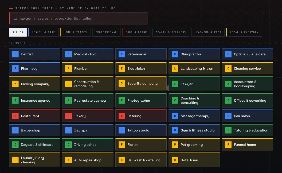 The trade catalogue on our site: a search box, eight family filters and the thirty-nine trades laid out as a grid.