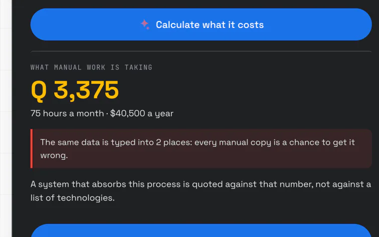 The automation calculator with figures typed in: what the manual work costs each month, in hours and in money, and the warning about the same data being copied into two places.